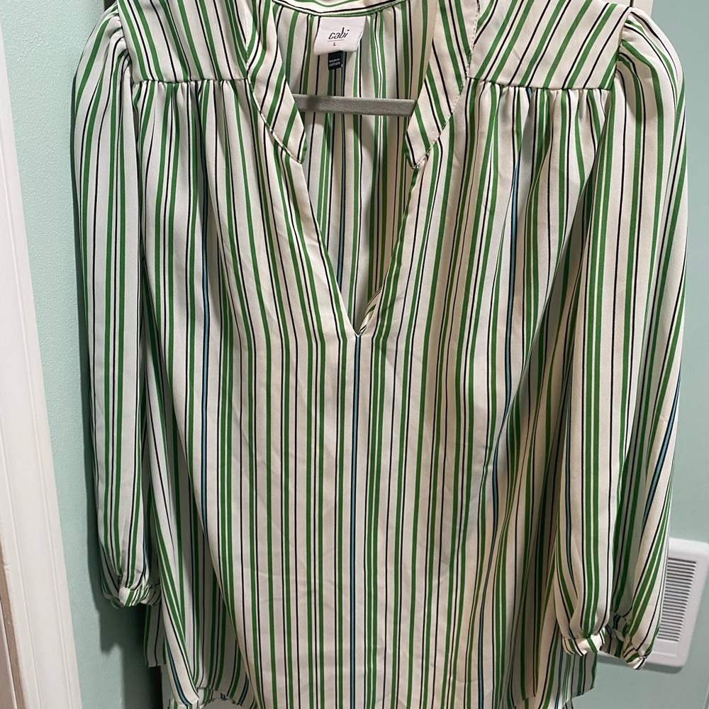 CAbi Green and White Striped Blouse